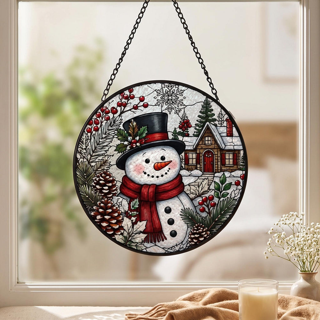 Christmas Suncatcher Window Hanging, Snowman Stained Glass Style Decor, Winter Village Sun Catcher Gift, Holiday Window Decoration
