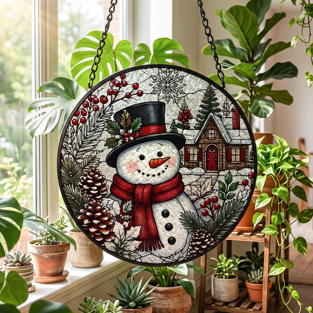 Christmas Suncatcher Window Hanging, Snowman Stained Glass Style Decor, Winter Village Sun Catcher Gift, Holiday Window Decoration