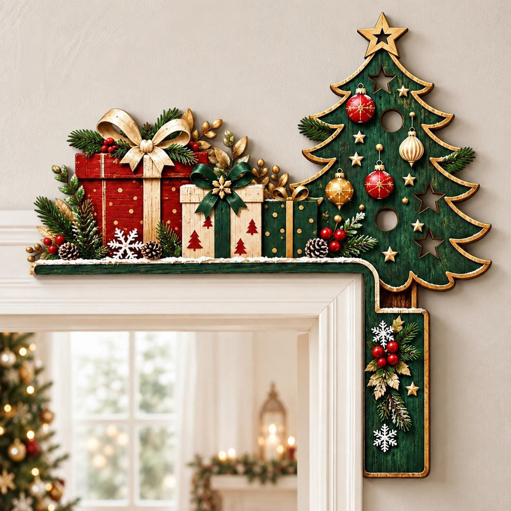 May include: A decorative wooden door corner topper featuring a green Christmas tree with gold-trimmed edges, red and gold ornaments, and star cutouts. Beside the tree are three gift boxes in red, cream, and green, accented with bows and pine.