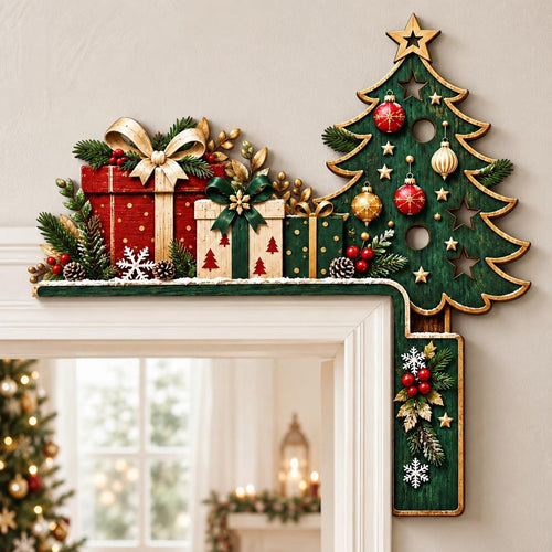 May include: A decorative wooden door corner topper featuring a green Christmas tree with gold-trimmed edges, red and gold ornaments, and star cutouts. Beside the tree are three gift boxes in red, cream, and green, accented with bows and pine.