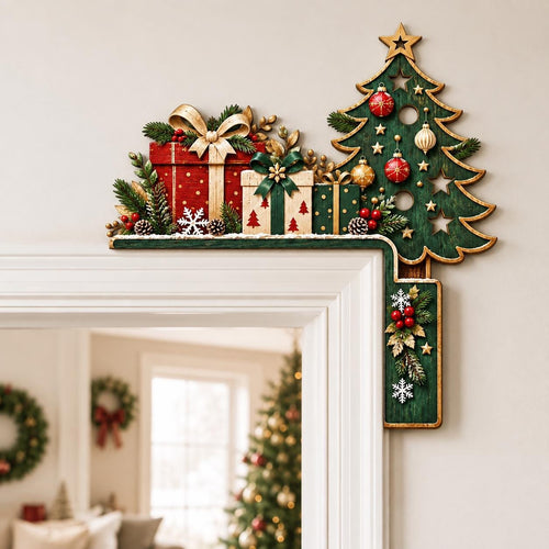 May include: A wooden door corner decoration featuring a green Christmas tree with gold star accents, red and gold ornaments, and a stack of three wrapped gift boxes in red, cream, and green, accented with pine branches and white snowflakes.