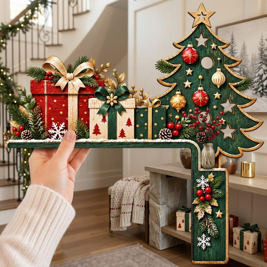 May include: A decorative L-shaped wooden Christmas sign featuring a green tree with gold stars, red and gold ornaments, and pine branches. Three gift boxes in red, cream, and green with bows sit on the shelf, accented by red berries and pinecones.