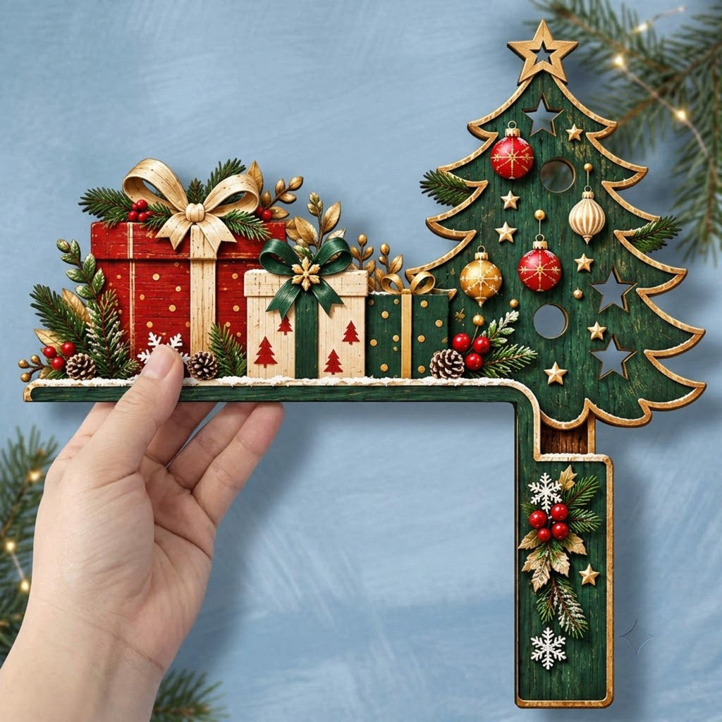 May include: A decorative wooden Christmas sign featuring a green tree on the right with gold trim, red and gold ornaments, and star cutouts. To the left, three gift boxes in red, cream, and green sit on a shelf, accented with pine and berries.