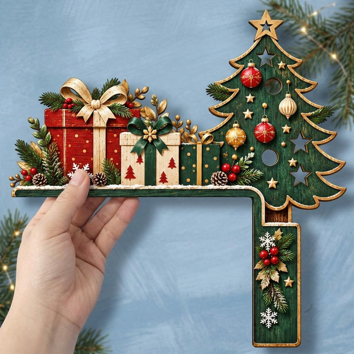 May include: A decorative wooden Christmas sign featuring a green tree on the right with gold trim, red and gold ornaments, and star cutouts. To the left, three gift boxes in red, cream, and green sit on a shelf, accented with pine and berries.