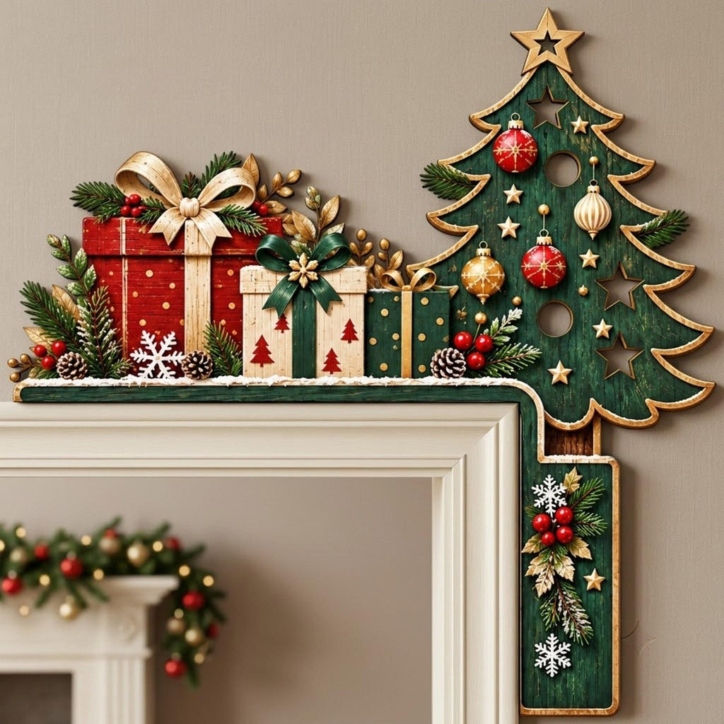 May include: A decorative L-shaped Christmas door topper featuring a dark green wooden tree on the right side adorned with gold stars, red and gold ornaments, and pine sprigs. The horizontal section displays three gift boxes with bows.