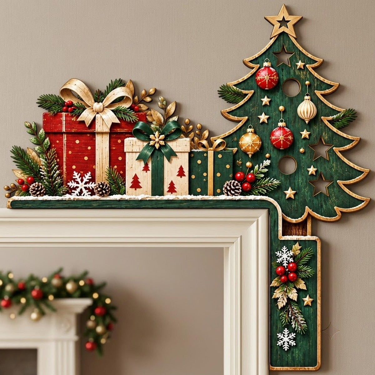 May include: A decorative L-shaped Christmas door topper featuring a dark green wooden tree on the right side adorned with gold stars, red and gold ornaments, and pine sprigs. The horizontal section displays three gift boxes with bows.