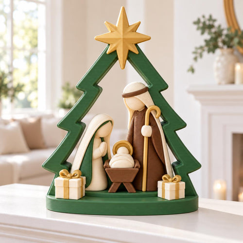 May include: A 3D-printed nativity scene featuring a green Christmas tree frame topped with a gold star. Inside, stylized figures of Mary, Joseph, and the infant Jesus in a manger are displayed. Two small cream-colored gift boxes with gold ribbons sit at the base of the tree.