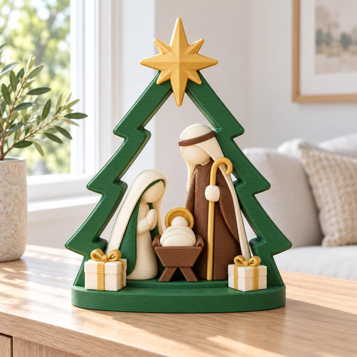 May include: A 3D-printed nativity scene set inside a green Christmas tree frame topped with a yellow star. The figures include a beige-robed person, a brown-robed person holding a staff, and a baby in a brown manger, flanked by two white gift boxes.