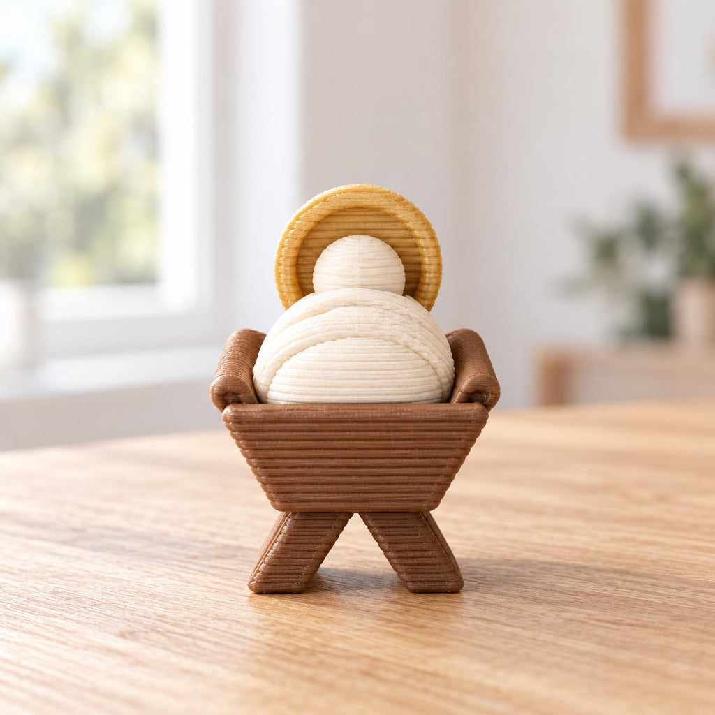 May include: A 3D-printed figurine of a swaddled infant in a manger. The infant is cream-colored with a golden halo behind the head. The manger is brown with a textured, ribbed surface finish visible on all components of the small object.