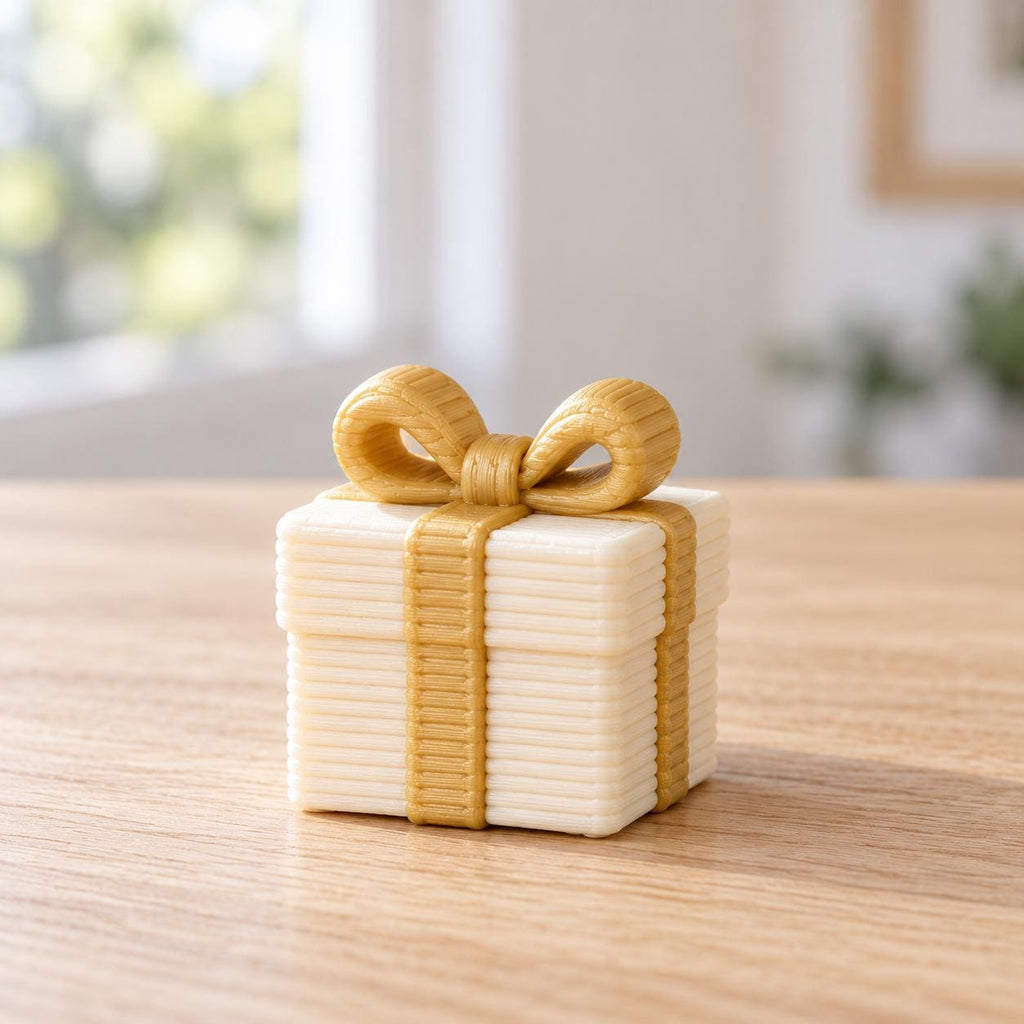 May include: A small, square, off-white gift box figurine featuring a textured, ribbed surface. The box is wrapped with a prominent, raised gold-colored ribbon that extends vertically around the sides and culminates in a large, detailed bow on top.