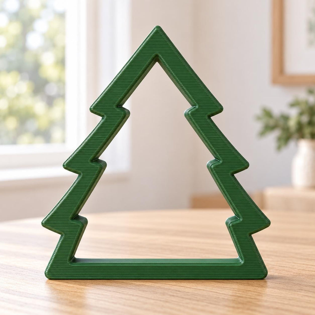 May include: A dark green, three-dimensional, triangular Christmas tree-shaped frame with a hollow center. The object features a layered, ridged texture on its surface, consistent with 3D-printed construction, and stands upright on a flat base.