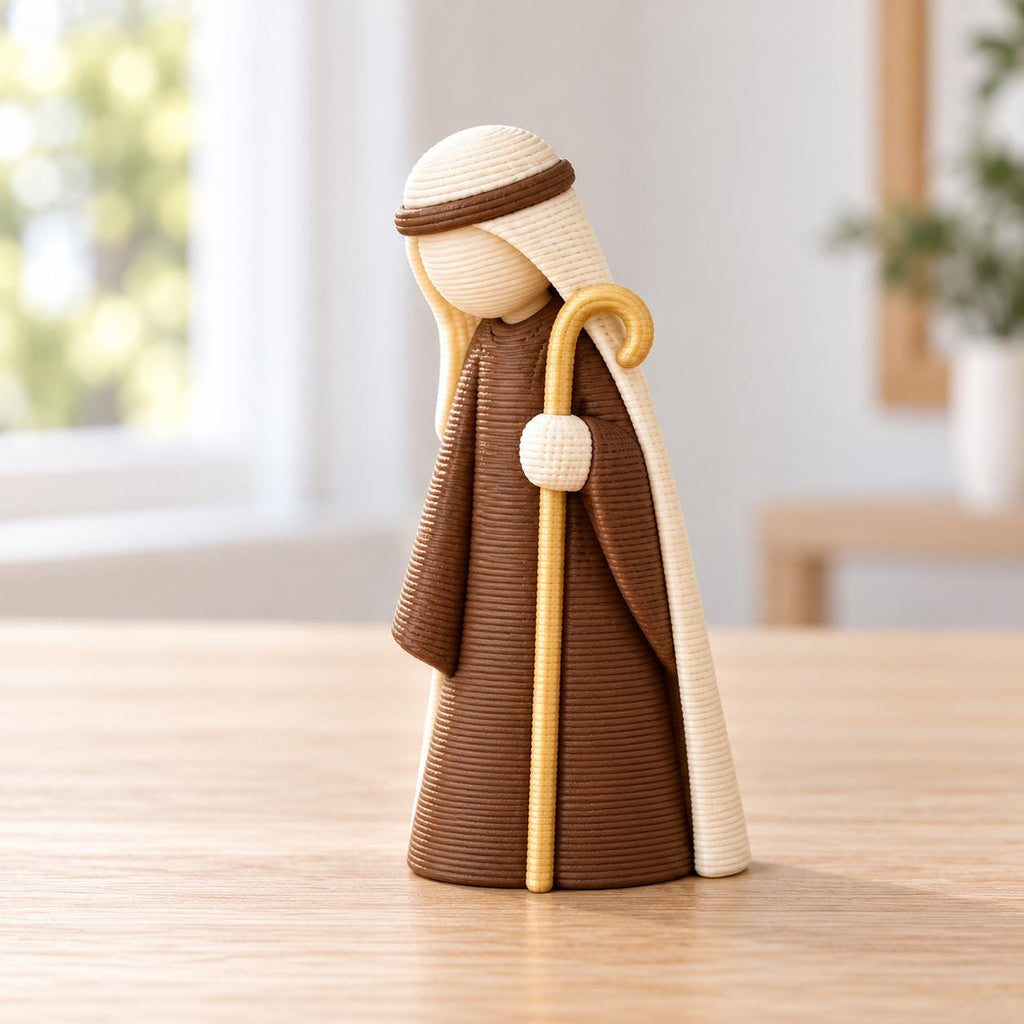 May include: A figurine of a shepherd wearing a dark brown robe and a cream-colored head covering with a brown band. The figure has a textured, ribbed surface and holds a tall, slender, light-colored wooden staff in one hand.