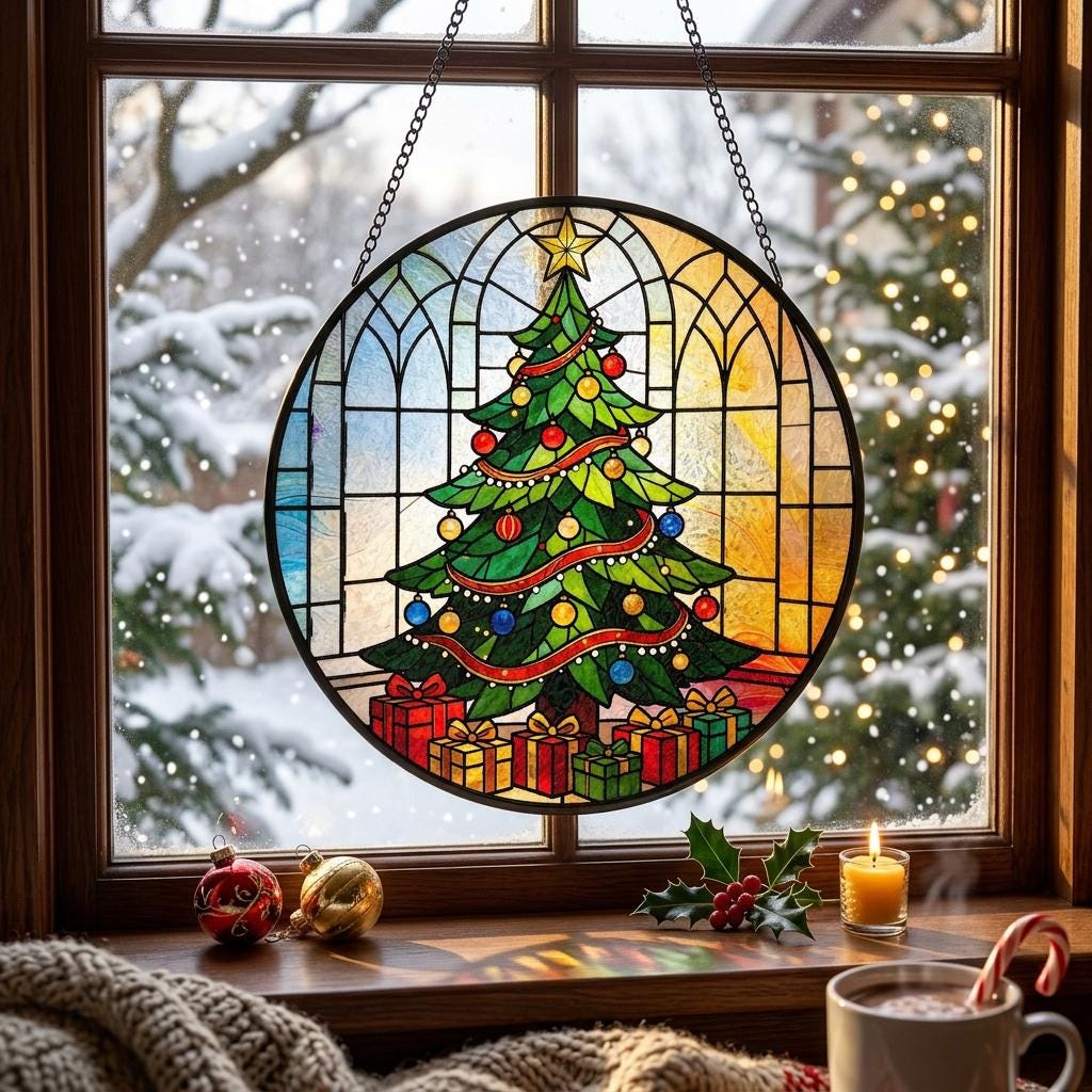May include: A circular stained glass suncatcher featuring a green Christmas tree decorated with red, blue, and yellow ornaments, a yellow star topper, and red ribbons. Beneath the tree are colorful gift boxes. The piece hangs by a metal chain.