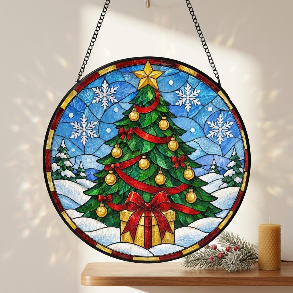May include: A circular stained glass suncatcher featuring a green Christmas tree decorated with gold ornaments and a red ribbon. A yellow star sits at the top, with a gift box below. The background shows a snowy landscape with white snowflakes.