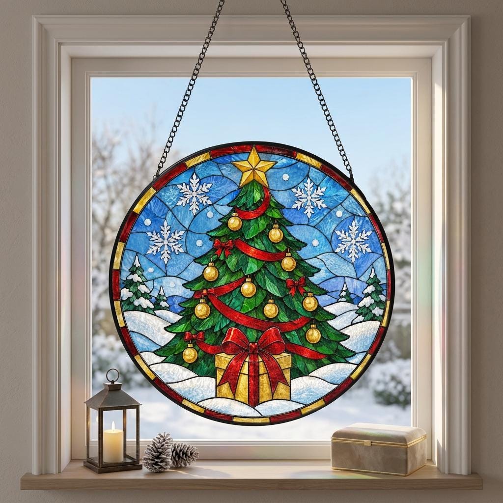 May include: A circular stained glass suncatcher featuring a green Christmas tree decorated with gold ornaments, a red ribbon, and a yellow star topper. The scene includes a gift box at the base, white snowflakes, and a blue winter sky background.