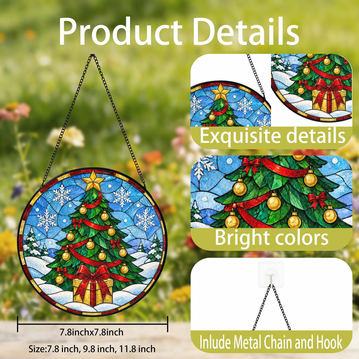 May include: A circular stained glass suncatcher featuring a Christmas tree with gold ornaments, a red ribbon, and a gift box against a snowy blue background. The product includes a metal chain and hook, measuring 7.8 inches by 7.8 inches in size.