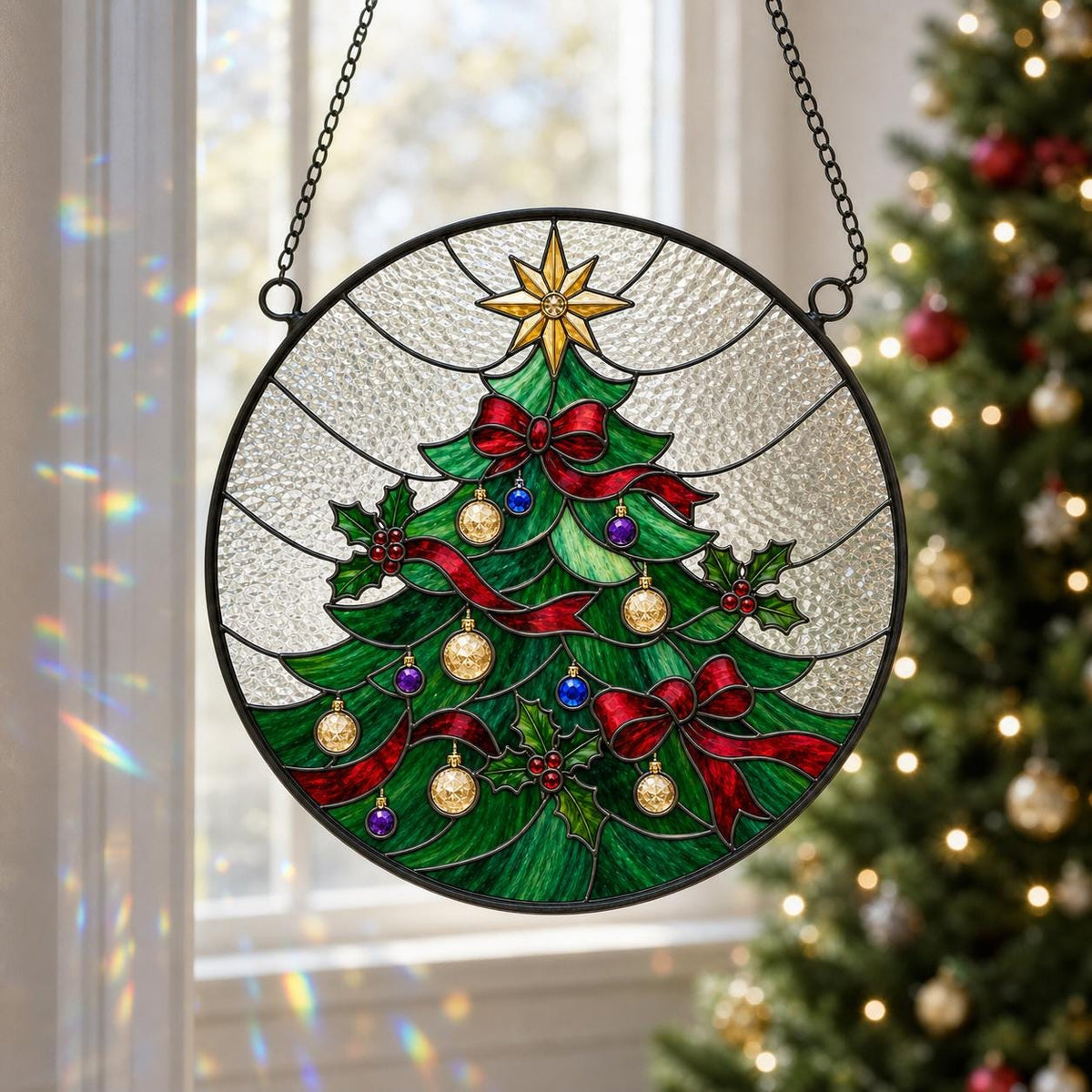 May include: A circular stained glass suncatcher featuring a green Christmas tree decorated with red ribbons, gold and blue ornaments, and holly berries. A gold star sits at the top, all encased in a black metal frame with a hanging chain.