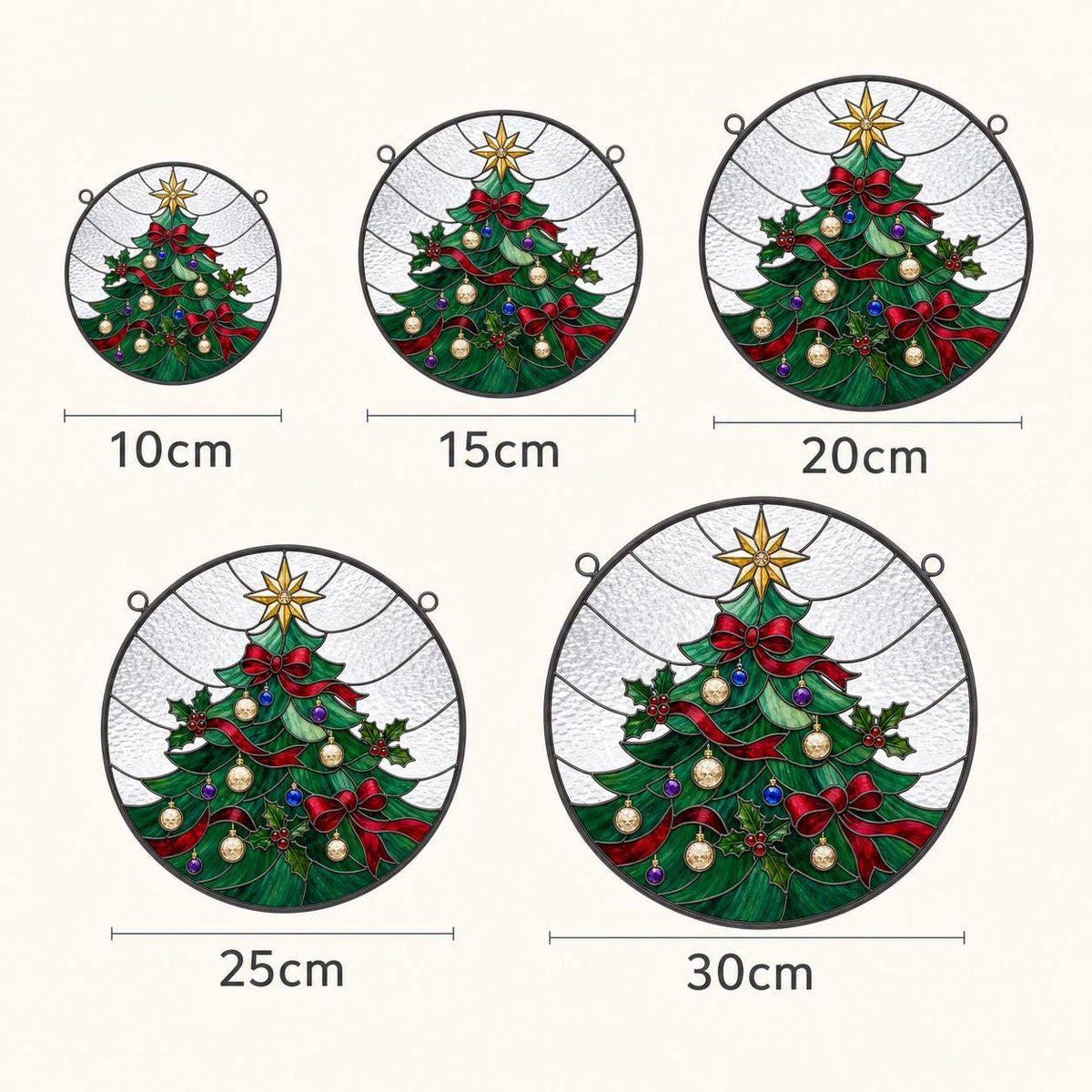 May include: Five circular stained glass ornaments featuring a green Christmas tree with red ribbons, gold and blue baubles, and a yellow star topper. The ornaments are labeled with diameters of 10cm, 15cm, 20cm, 25cm, and 30cm, showing size options.