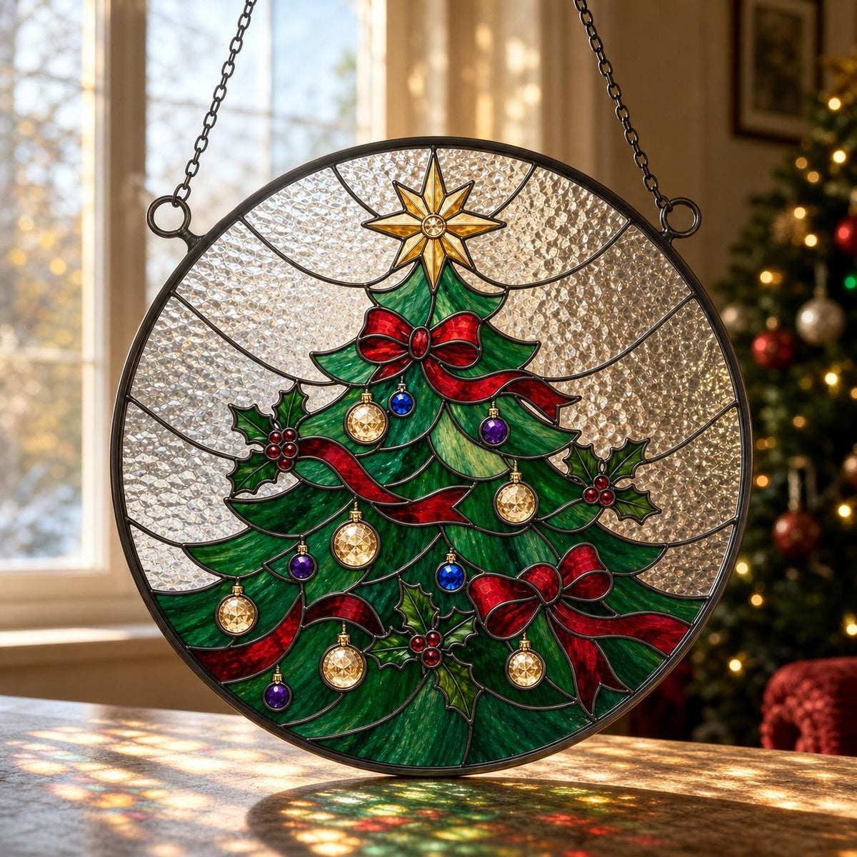 May include: A circular stained glass suncatcher featuring a green Christmas tree design with red ribbons, gold and purple ornaments, and holly berries. A gold star sits at the top, all encased in a dark metal frame with a hanging chain.