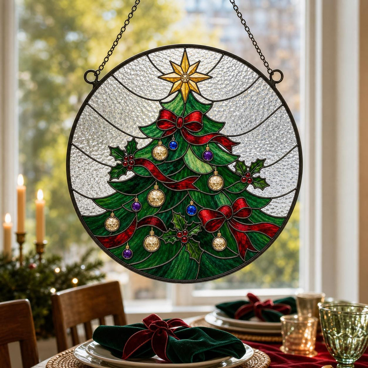 May include: A circular stained glass suncatcher featuring a green Christmas tree design with red ribbons, gold and purple ornaments, and a yellow star at the top. The piece is framed in black metal and hangs from a decorative metal chain.