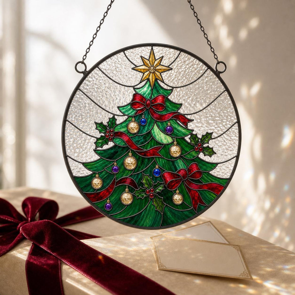 May include: A circular stained glass suncatcher featuring a green Christmas tree design with red ribbons, gold and purple ornaments, and holly berries. A gold star sits at the top, all encased in a dark metal frame with a hanging chain.