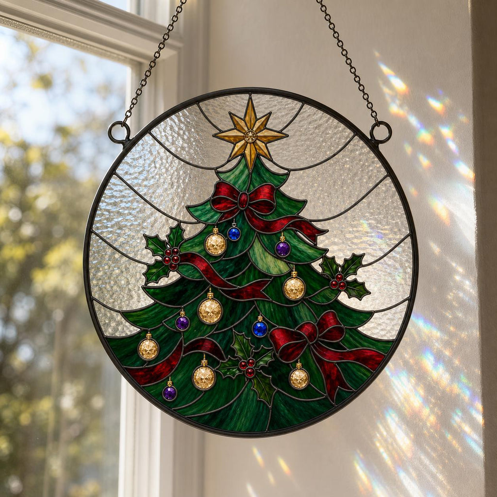 May include: A circular stained glass suncatcher featuring a green Christmas tree design with red ribbons, gold and purple ornaments, and a gold star topper. The tree is accented with holly leaves and berries, all encased in a dark metal frame.