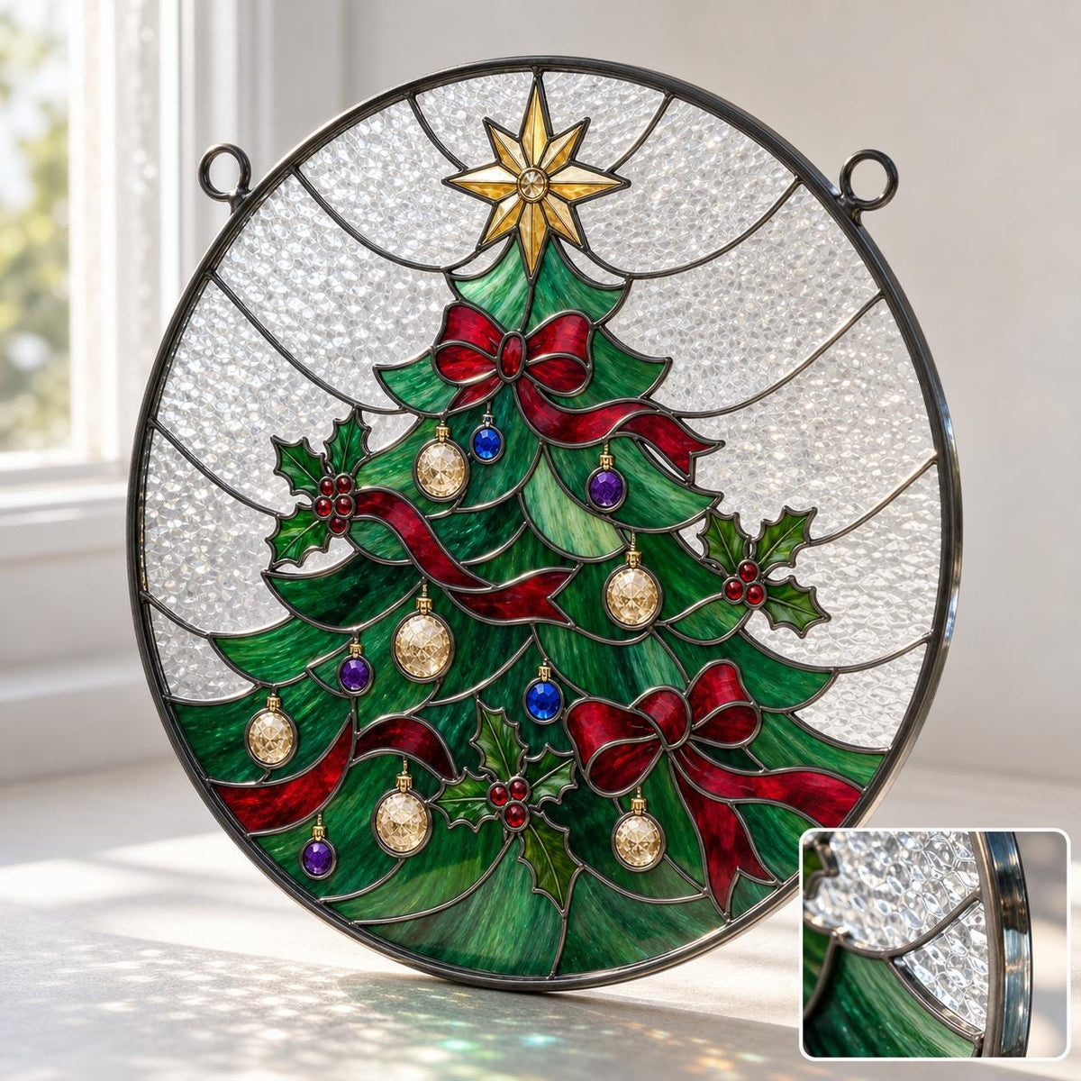 May include: A circular stained glass suncatcher featuring a green Christmas tree design with red ribbons, gold and purple ornaments, and holly leaves. The piece is topped with a gold star and set against a textured clear glass background.