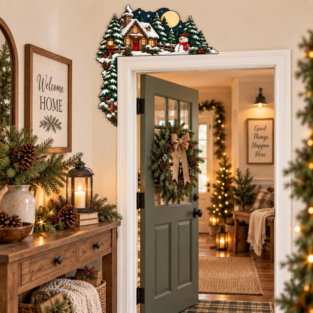 May include: A decorative wooden door corner sign featuring a winter scene with a snow-covered cabin, evergreen trees, a snowman, and a full moon. The illustration includes warm glowing lights, red berries, and a wooden fence, designed to frame a doorway.