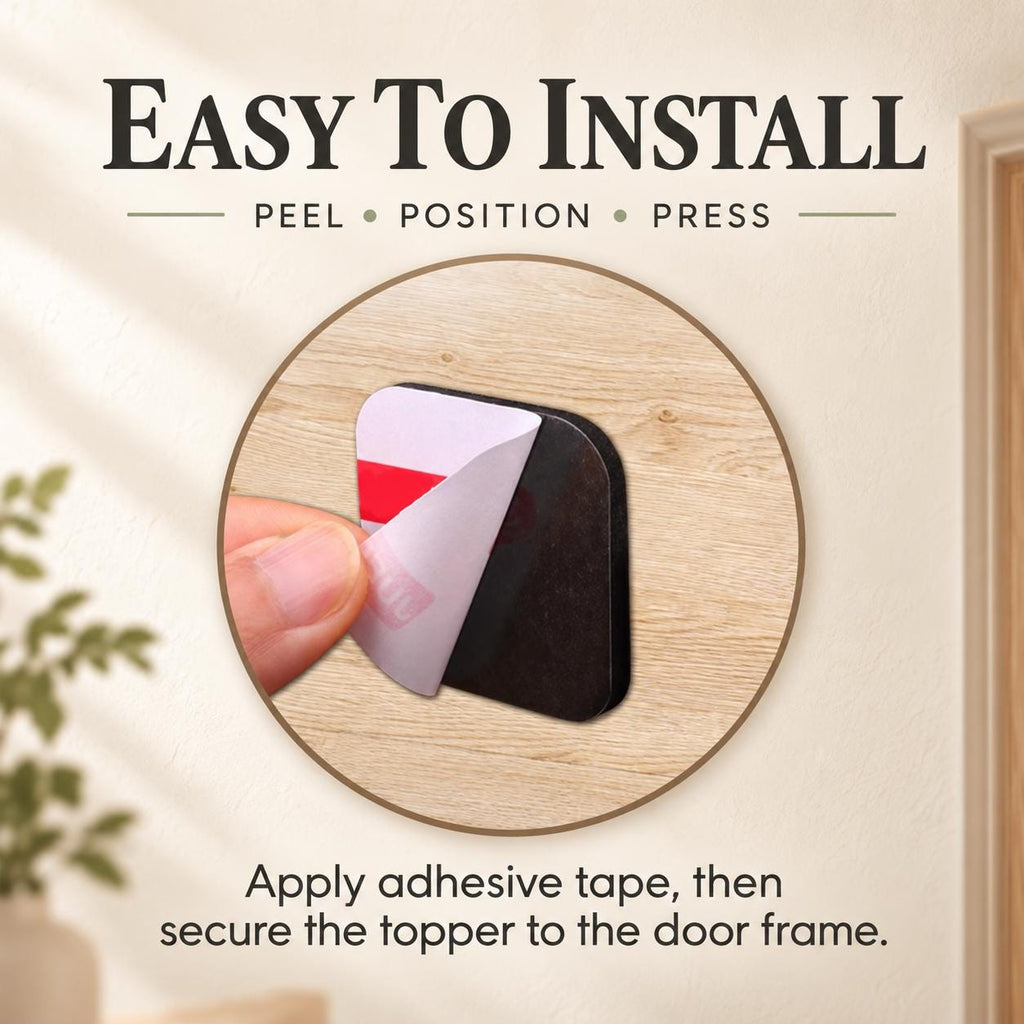 May include: A black rectangular adhesive pad with a white protective backing being peeled away to reveal a red strip. The text above reads EASY TO INSTALL PEEL POSITION PRESS and the text below reads Apply adhesive tape, then secure the topper to the door frame.