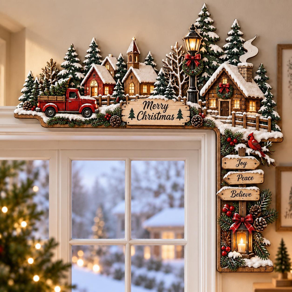 May include: A decorative Christmas corner sign featuring a snowy village scene with a red truck, houses, pine trees, and a streetlamp. The sign displays the text Merry Christmas and three wooden arrows labeled Joy, Peace, and Believe with pine accents.