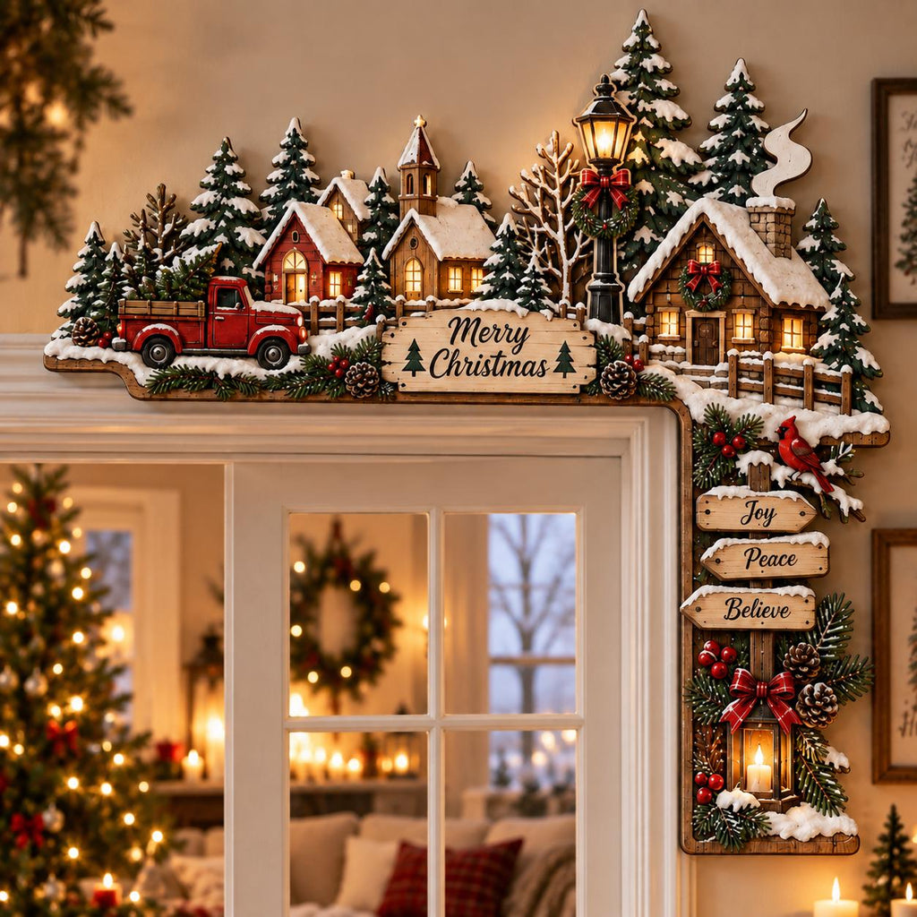 May include: A decorative Christmas door corner sign featuring a snowy village scene with a red truck, pine trees, and a streetlamp. A central wooden plaque reads Merry Christmas. A vertical section includes signs with the words Joy, Peace, and Believe.