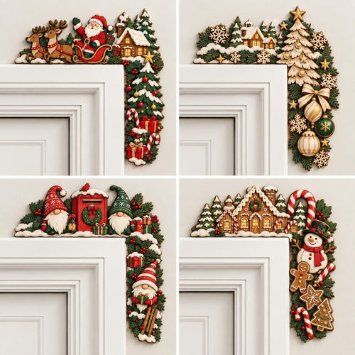 May include: Four decorative Christmas door corner frames featuring festive scenes. One shows Santa in a sleigh with reindeer, another a winter village with ornaments, a third features gnomes with a mailbox, and the fourth a snowman with gingerbread.