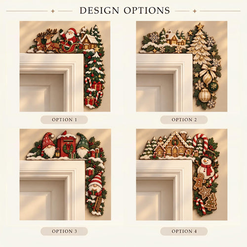 May include: Four decorative Christmas door corner signs labeled DESIGN OPTIONS. Option 1 shows Santa in a sleigh with reindeer. Option 2 features a decorated tree and ornaments. Option 3 displays three gnomes. Option 4 depicts a gingerbread house.