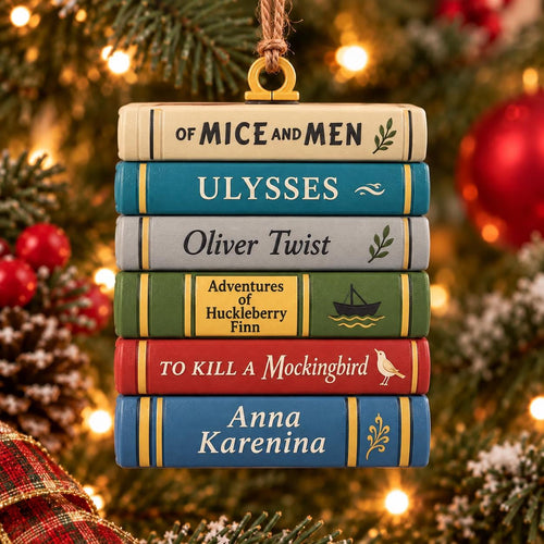 May include: A hanging ornament featuring a stack of six miniature books with titles: Of Mice and Men, Ulysses, Oliver Twist, Adventures of Huckleberry Finn, To Kill a Mockingbird, and Anna Karenina. The books are colored cream, teal, gray, green, red, and blue.