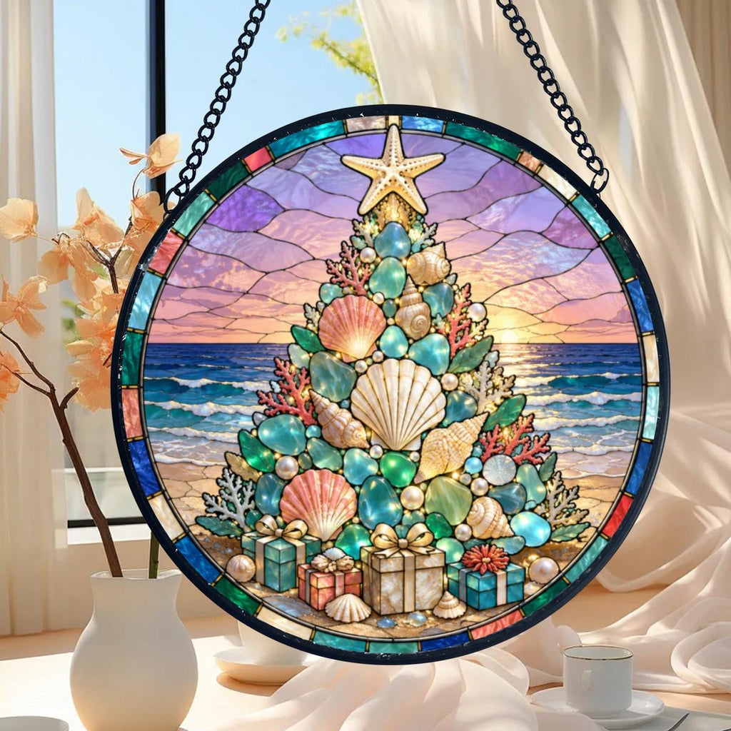 Coastal Christmas Suncatcher, Seashell Tree Stained Glass Decor, Beach Holiday Gift