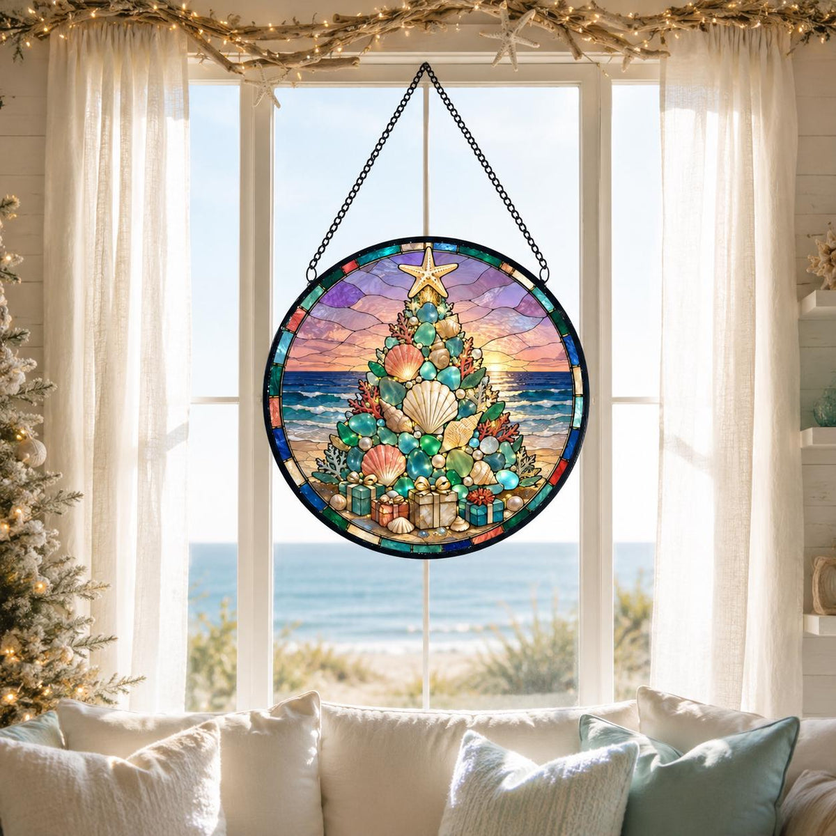 May include: A circular stained glass suncatcher featuring a Christmas tree composed of various seashells, coral, and pearls. The tree is topped with a starfish and sits on a beach with a sunset ocean horizon. It hangs from a black metal chain.