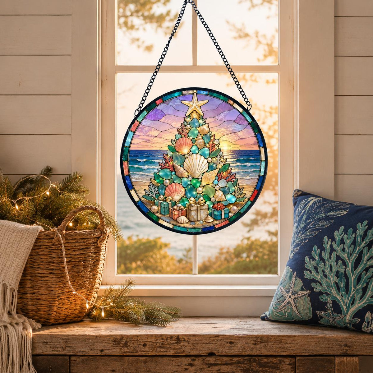 May include: A circular stained glass suncatcher featuring a Christmas tree composed of various seashells and sea glass in shades of blue, green, and white. The tree is topped with a starfish and sits against a coastal ocean sunset background.