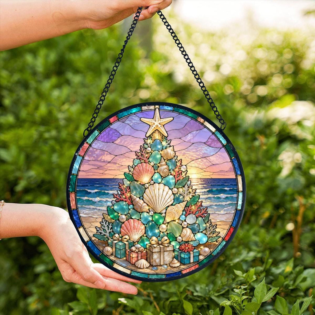 Coastal Christmas Suncatcher, Seashell Tree Stained Glass Decor, Beach Holiday Gift