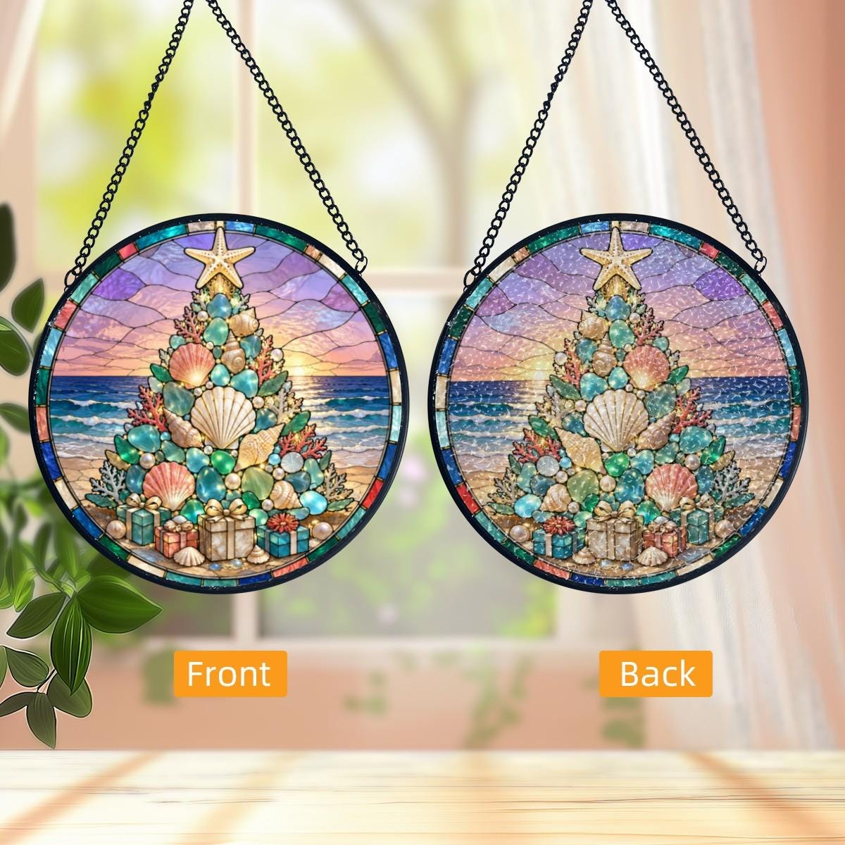 Coastal Christmas Suncatcher, Seashell Tree Stained Glass Decor, Beach Holiday Gift