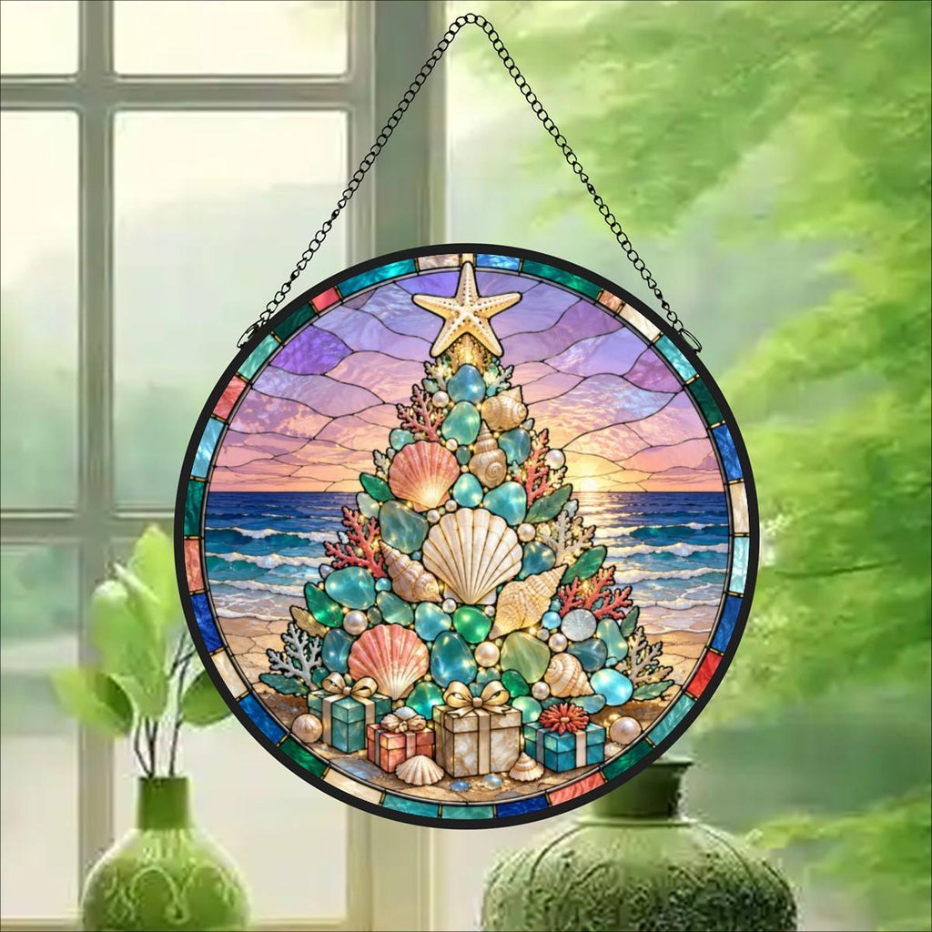 Coastal Christmas Suncatcher, Seashell Tree Stained Glass Decor, Beach Holiday Gift