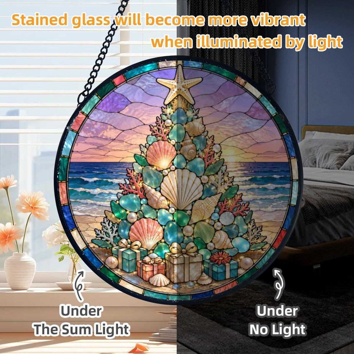 Coastal Christmas Suncatcher, Seashell Tree Stained Glass Decor, Beach Holiday Gift