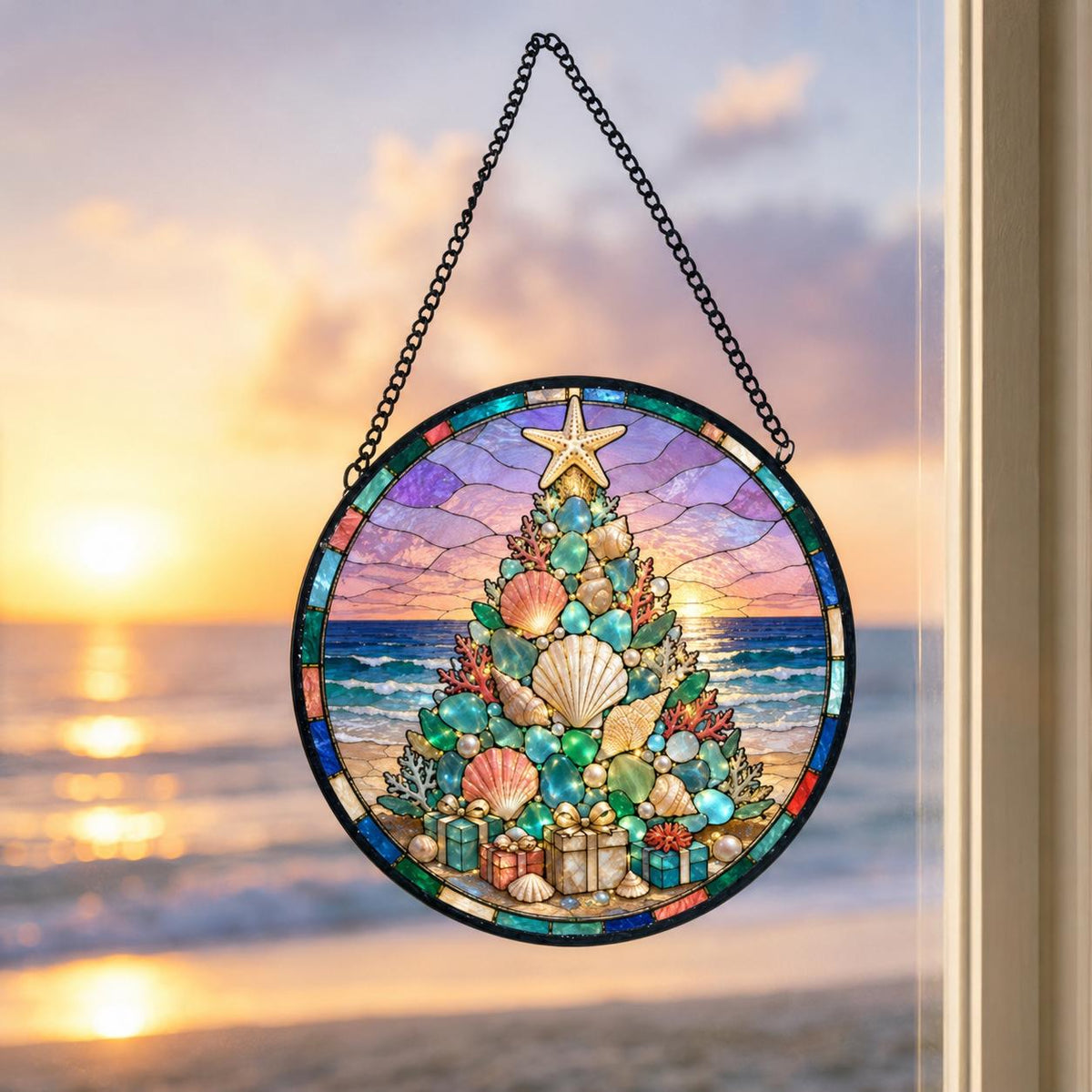 May include: A circular stained glass suncatcher featuring a Christmas tree composed of various seashells, sea glass, and a starfish topper. The design includes small gift boxes at the base, all suspended by a black metal chain against a beach sunset.