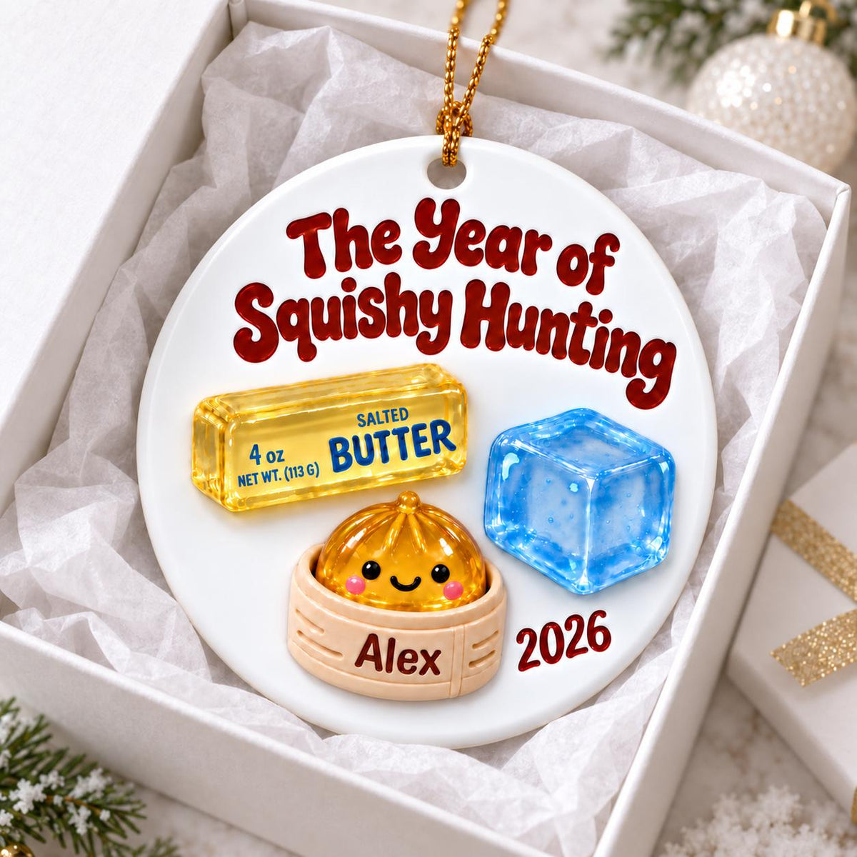 May include: A round white ceramic ornament featuring the red text The Year of Squishy Hunting, a yellow stick of 4 oz salted butter, a blue ice cube, and a yellow dumpling in a beige steamer basket labeled Alex 2026, hanging by a gold chain.