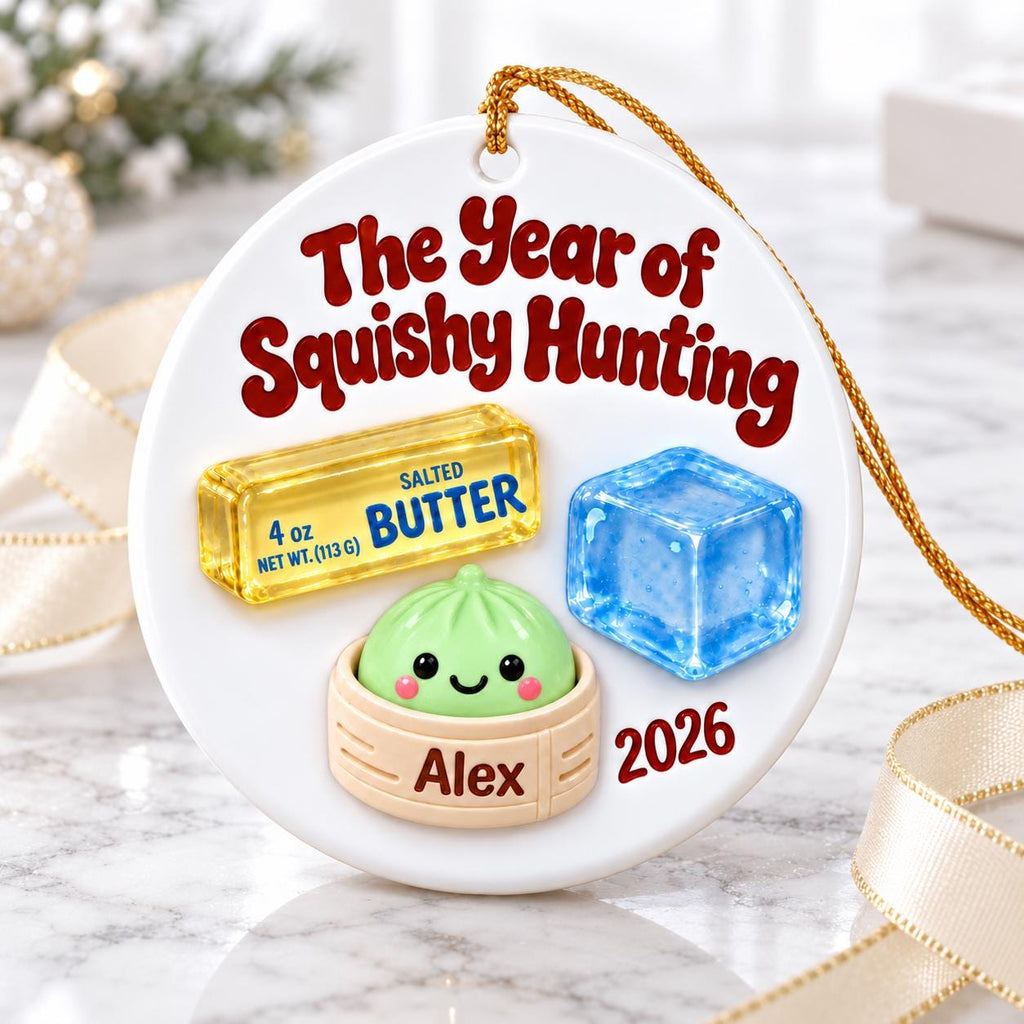 May include: A round white ceramic ornament featuring the text The Year of Squishy Hunting, a yellow stick of salted butter labeled 4 oz, a blue ice cube, and a green dumpling in a steamer basket labeled Alex, with the year 2026 and a gold hanging cord.