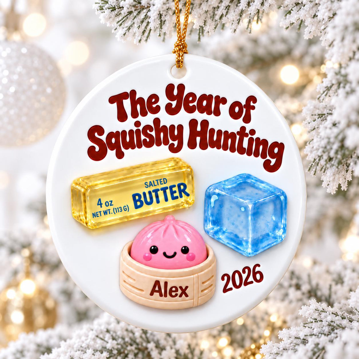 May include: A round white ceramic ornament featuring the text The Year of Squishy Hunting and 2026. It displays a yellow stick of 4 oz salted butter, a blue ice cube, and a pink dumpling in a bamboo steamer with the name Alex printed on the base.