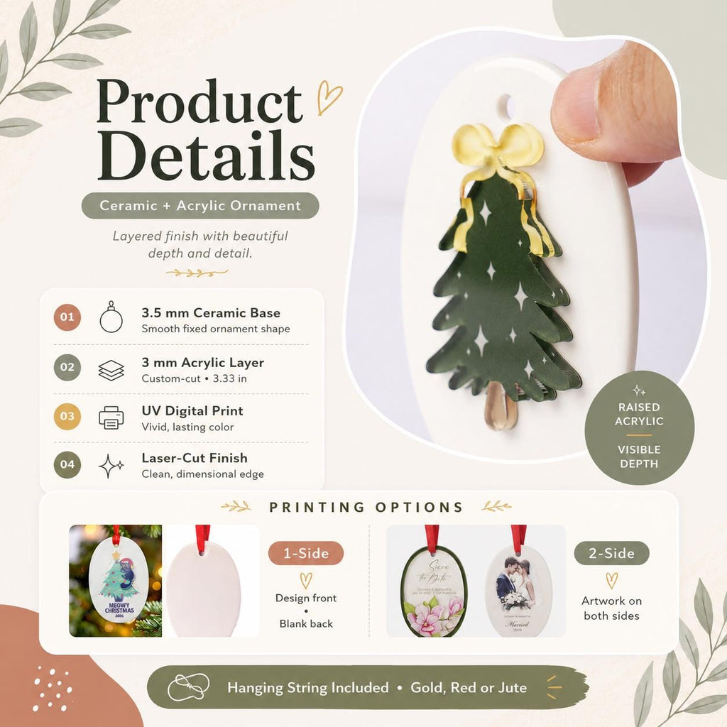 May include: An oval ceramic ornament featuring a 3.5 mm base and a 3 mm acrylic layer shaped like a green Christmas tree with a yellow bow. The product details list UV digital printing and laser-cut finishes, with options for 1-side or 2-side printing.