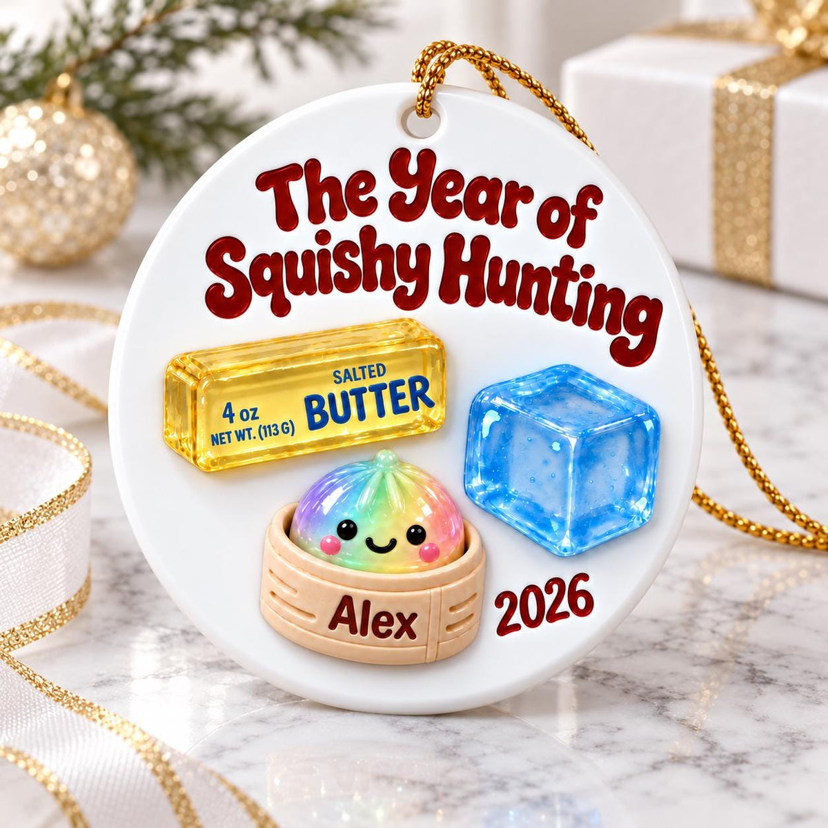 May include: A round white ceramic ornament featuring the red text The Year of Squishy Hunting. It displays a yellow stick of salted butter, a blue ice cube, and a rainbow-colored dumpling in a steamer basket with the name Alex and the year 2026.