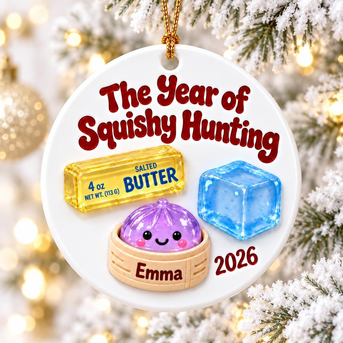 May include: A round white ceramic ornament featuring the red text The Year of Squishy Hunting and 2026. It displays a yellow stick of salted butter, a blue ice cube, and a purple smiling dumpling in a bamboo steamer labeled with the name Emma.
