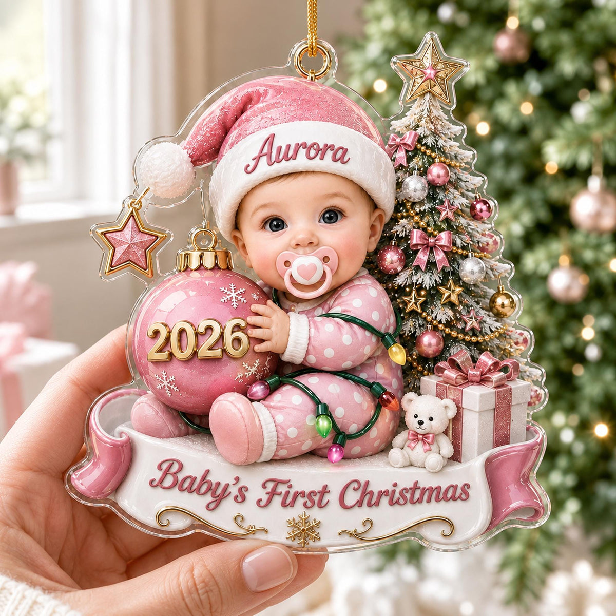 May include: A clear acrylic Christmas ornament featuring a baby in pink polka dot pajamas and a pink hat with the name Aurora. The baby holds a pink ornament labeled 2026. A decorated tree, a teddy bear, and a banner reading Baby's First Christmas.