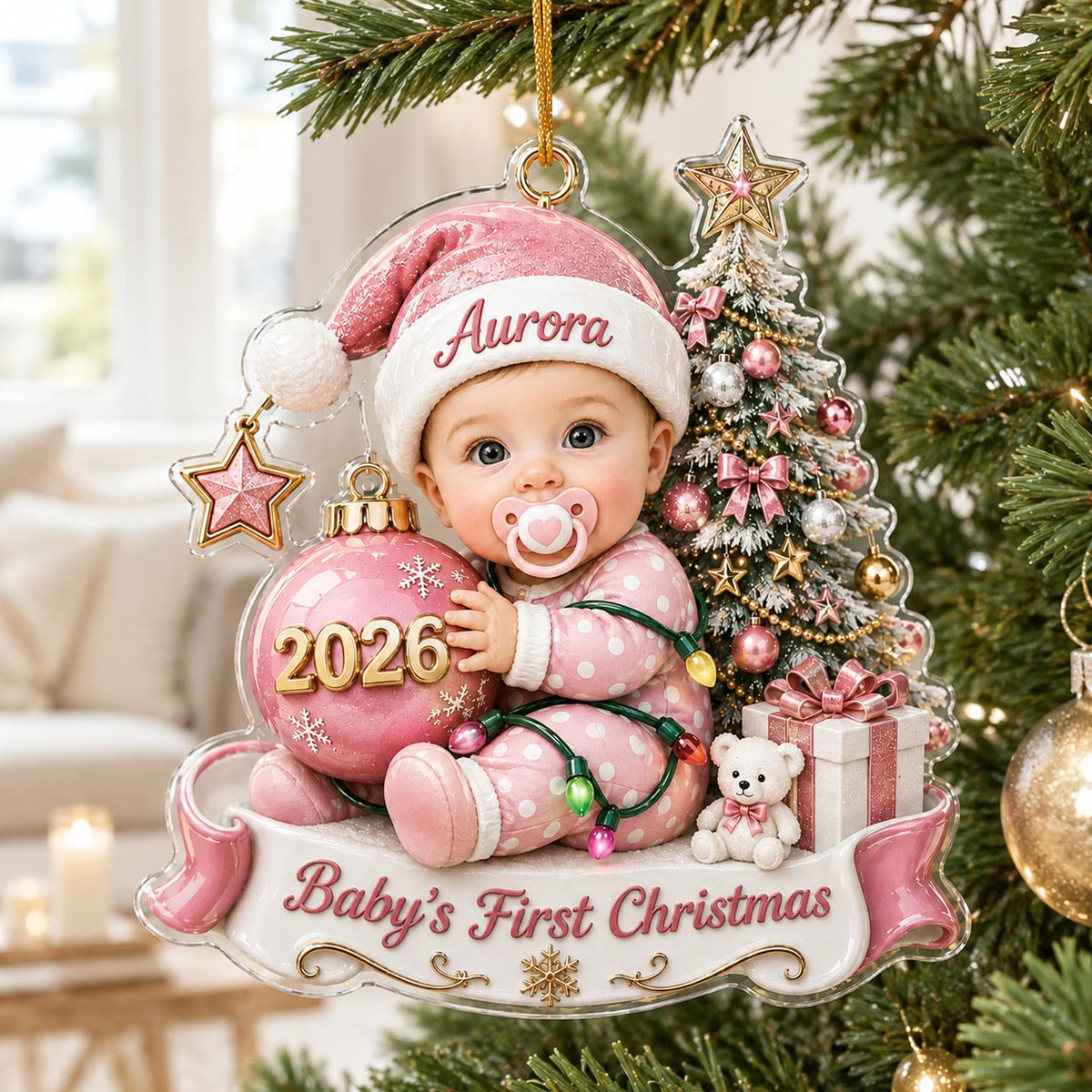 May include: A clear acrylic Christmas ornament featuring a baby in pink polka dot pajamas and a pink hat with the name Aurora. The baby holds a pink ornament labeled 2026. Beside the baby is a decorated tree, a teddy bear, and a gift box.